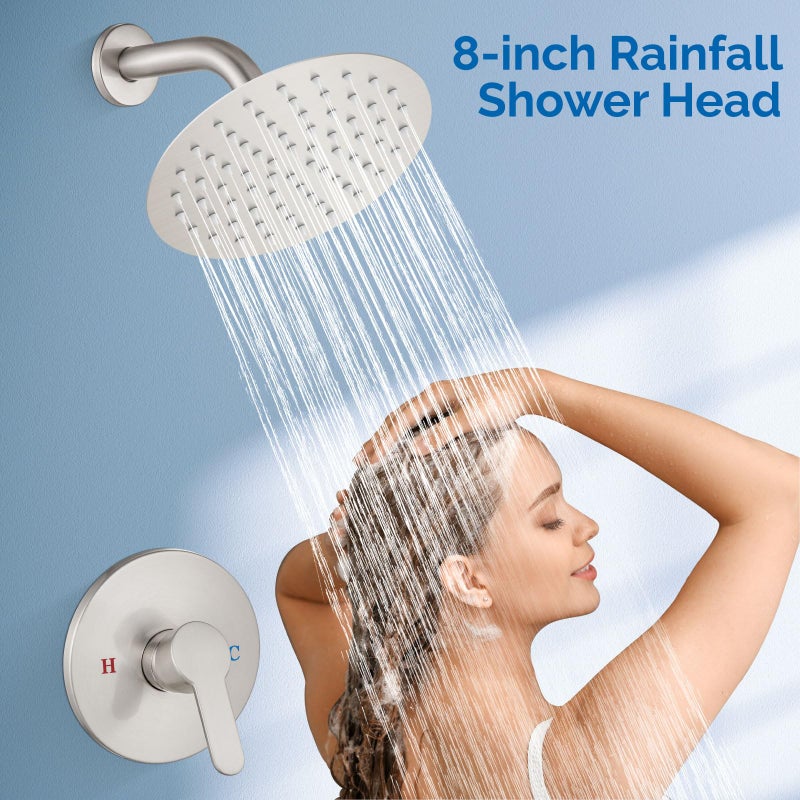 Airuida Shower Faucet Set,8 Inch Round Rainfall Shower Head,SUS304 Stainless Steel Single Handle Shower Trim Kit,Wall Mount Bathroom System with Female Threads Valve Brushed Nickel - Image 3